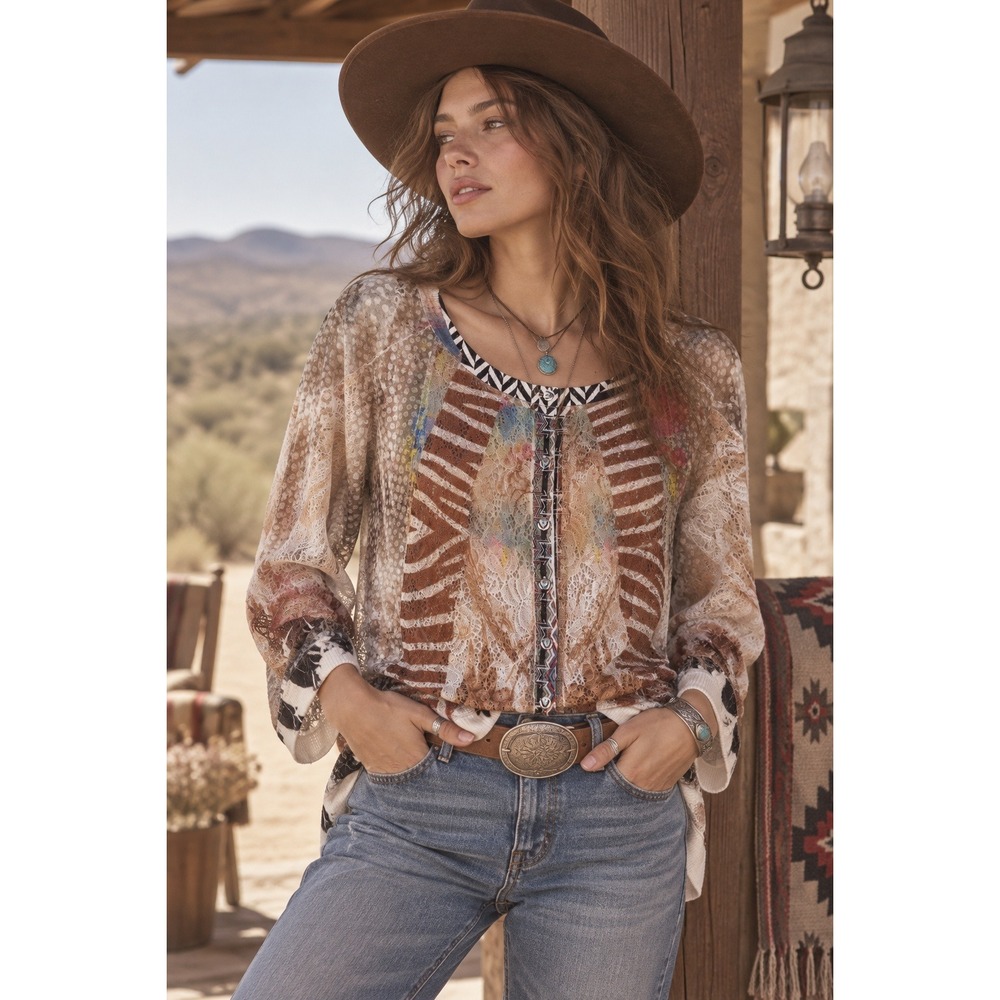 Kamana Top Womens Large Feather Print Lace Cream Brown Boho Western Y2K